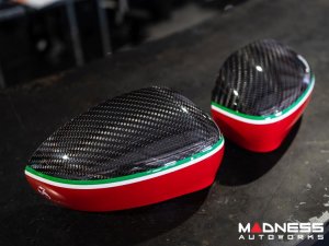 FIAT 500 Mirror Covers - Carbon Fiber - Red Lower Portion - Italian Racing Stripe w/ White Scorpion